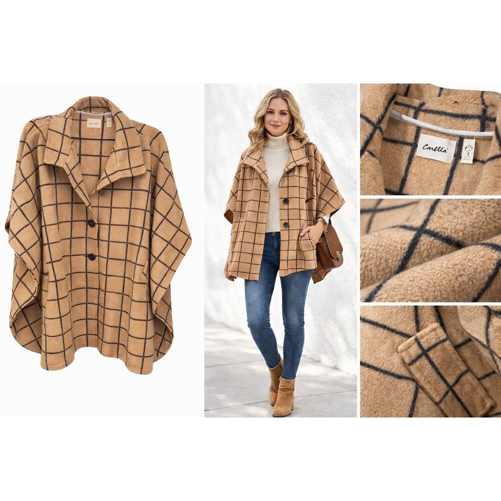 Le Mode Camel Windowpane Grid Poncho Oversized 3-Button‎ Minimal Chic Old Money